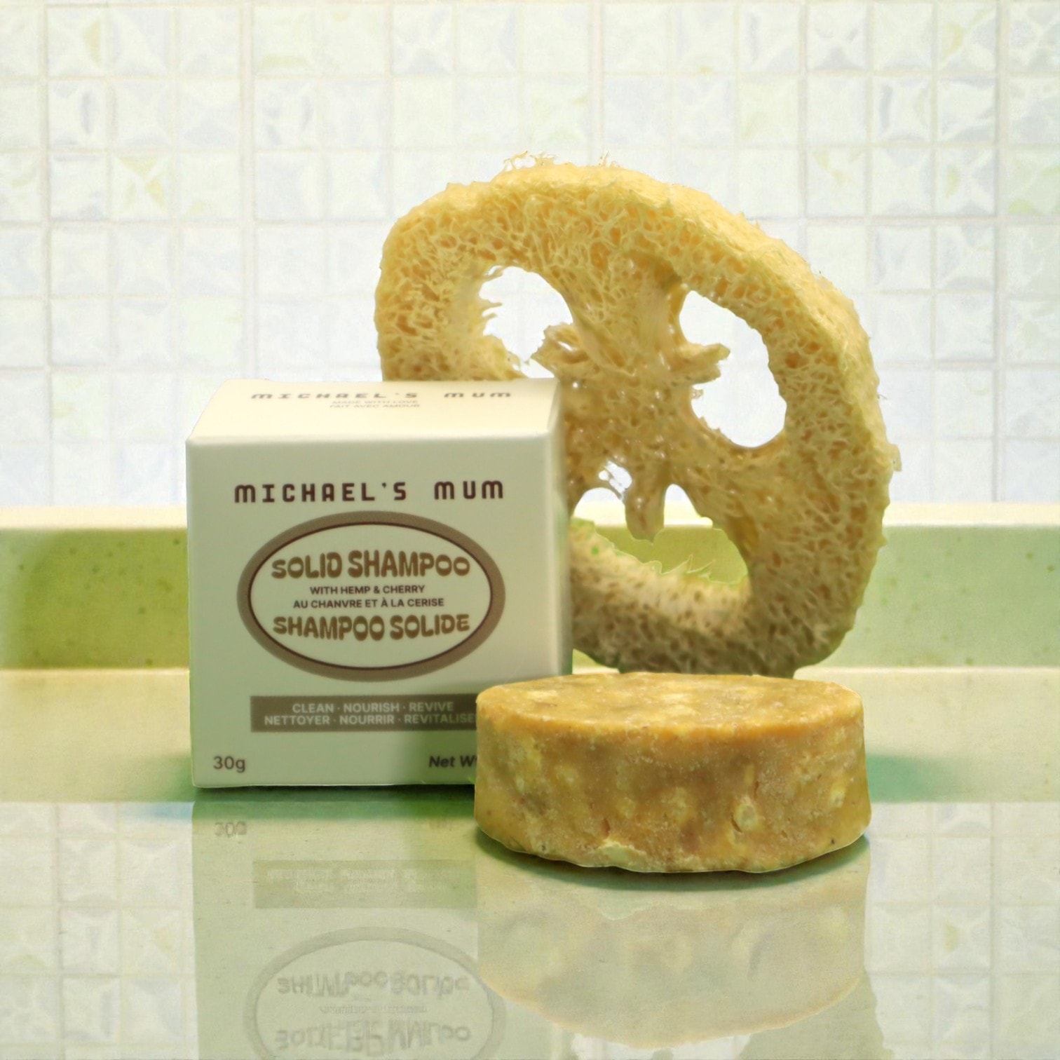 Michael's Mum solid shampoo bar with loofah in the bathroom